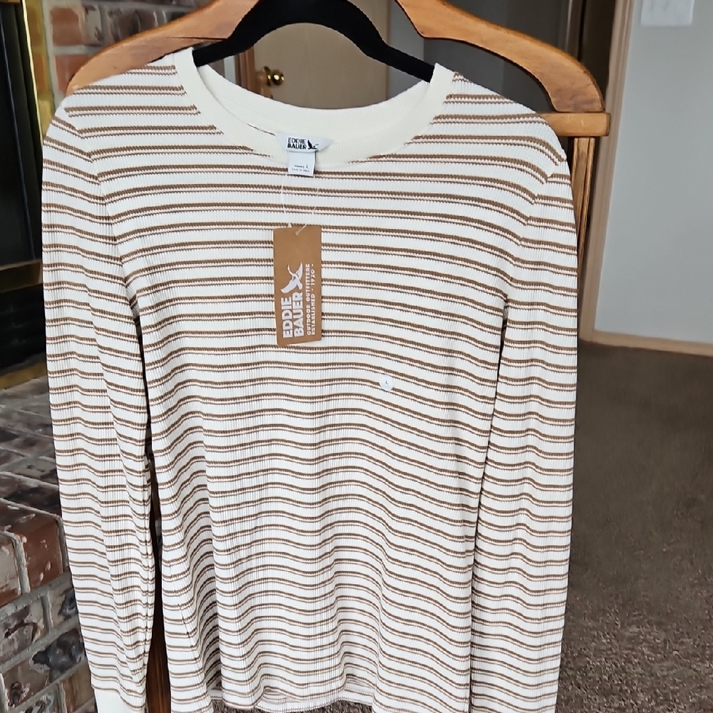Eddie Bauer Cream and Brown Striped Long Sleeve Tee
